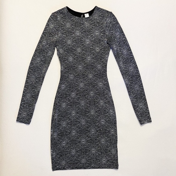 H&M Sparkly Bodycon Backless Jersey Dress Black Silver Geometric - Picture 1 of 14